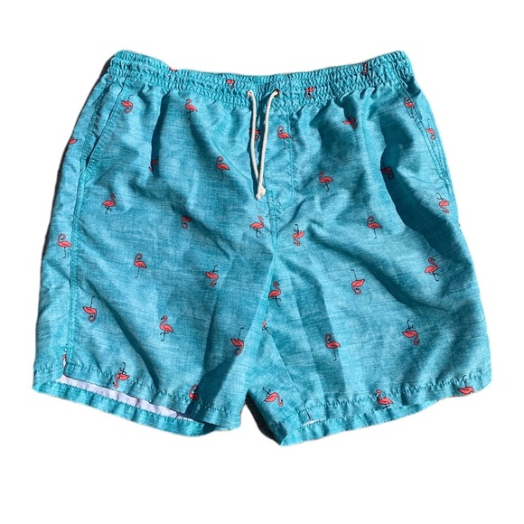 💙 Old Navy Men's L/G Teal Flamingo Print Swim Trunks | Board Shorts - Picture 1 of 6